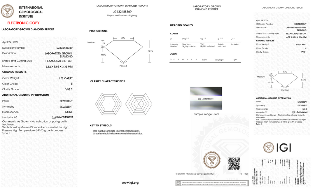 1.02 Carat Hexagonal Lab Grown Diamond, VVS1/E