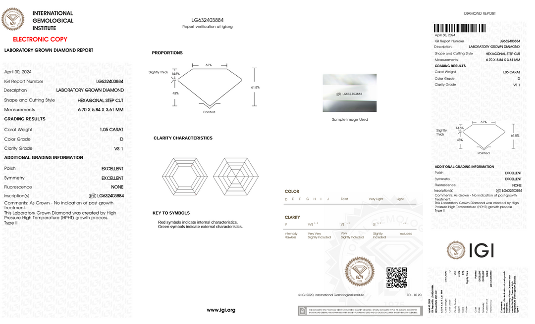 1,05 ct d kleur vs1 zeshoekig gesneden lab gekweekte diamant - IgI -gecertificeerd