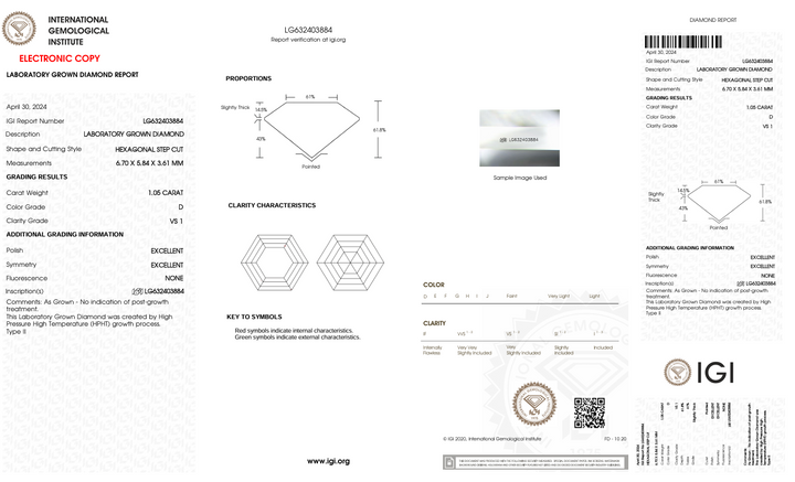 1,05 ct d kleur vs1 zeshoekig gesneden lab gekweekte diamant - IgI -gecertificeerd