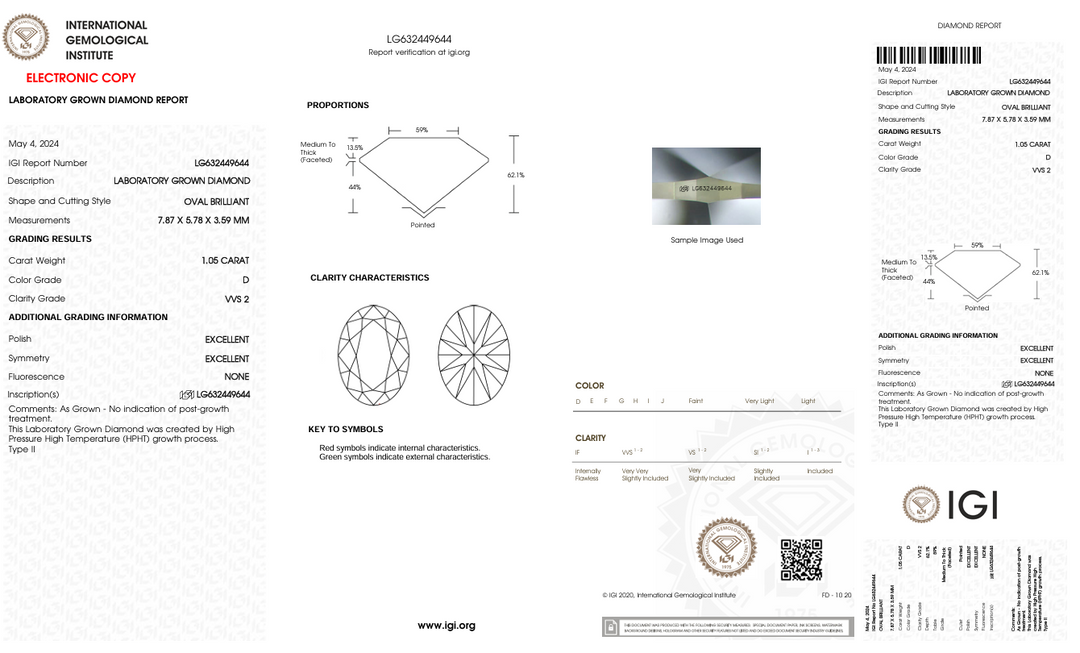 1,05 ct d kleur vvs2 ovaal gesneden lab gekweekte diamant - igi gecertificeerd