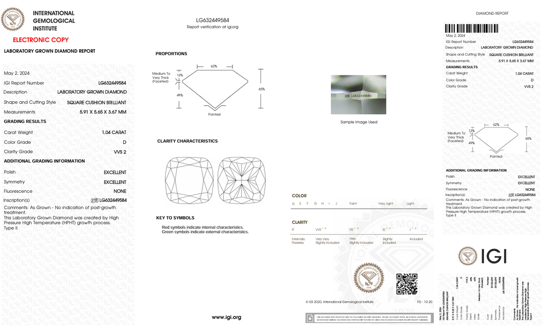 1.04 CT D kleur VVS2 kussen gesneden lab gekweekte diamant - IgI -gecertificeerd