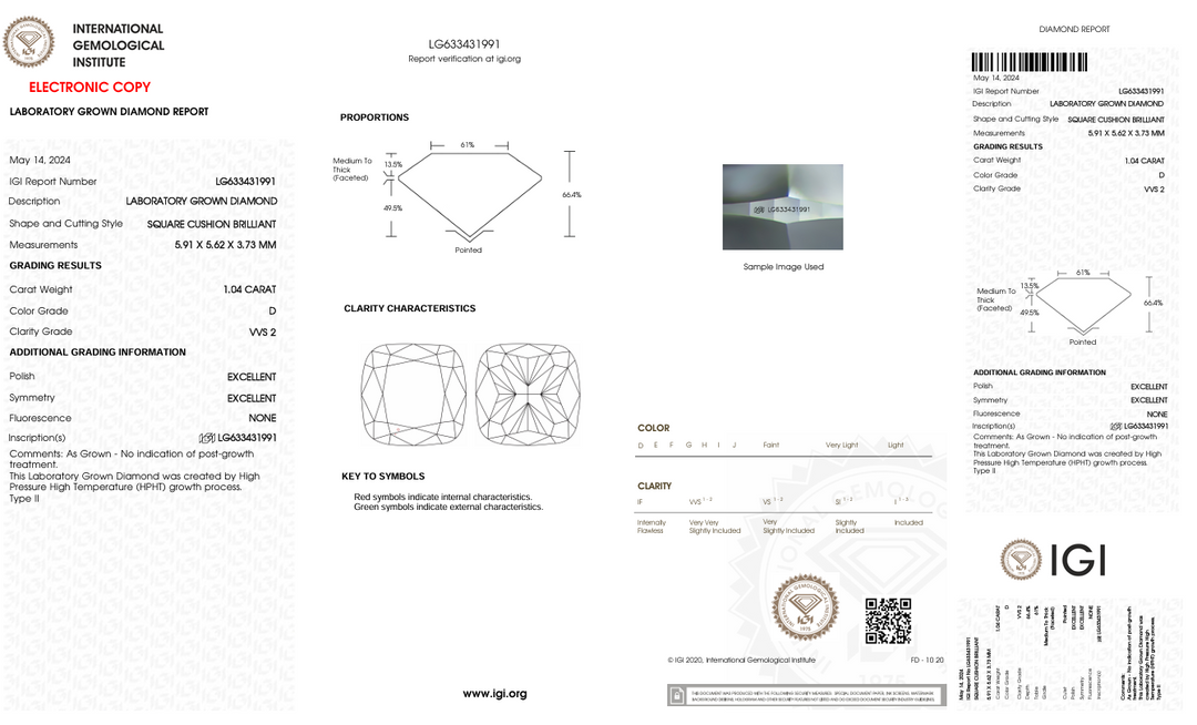 1.04 CT D kleur VVS2 kussen gesneden lab gekweekte diamant - IgI -gecertificeerd