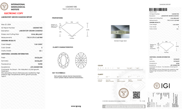1.06 CT E RENK VS1 Oval Kesim Laboratuar Grubu Elmas - IGI Sertifikalı