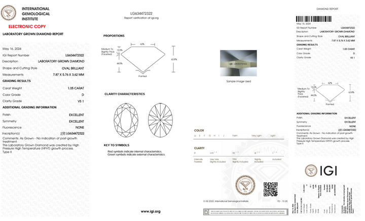 1,05 ct d kleur vs1 ovaal gesneden lab gekweekte diamant - IgI -gecertificeerd