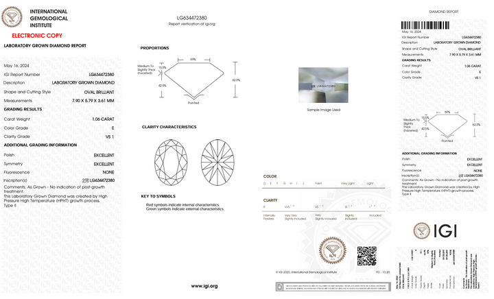 1.06 CT E RENK VS1 Oval Kesim Laboratuar Grubu Elmas - IGI Sertifikalı