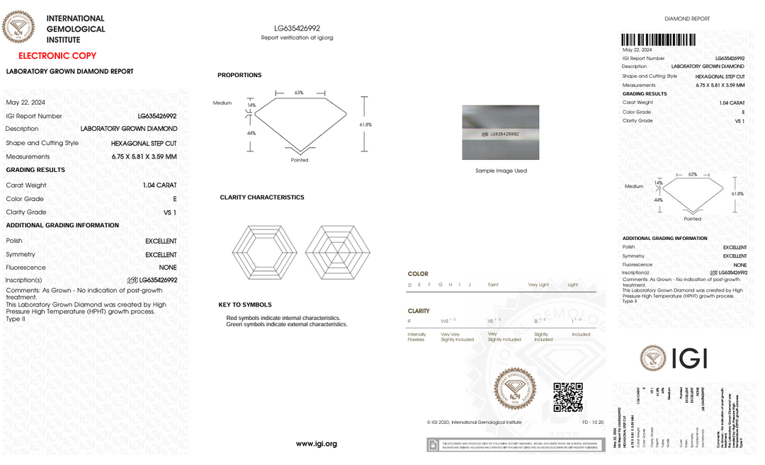 1,04 ct e warna vs1 hexagonal cut lab -choid lab berlian - bersertifikat IGI