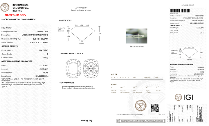 1,04 CT E Color Vvs2 Lange kussen Cut Lab Gegroeide diamant - IGI -gecertificeerd