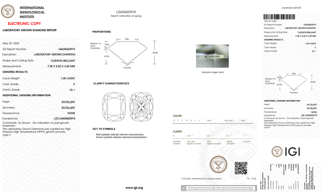1,05 ct e kleur vs1 lange kussen gesneden lab gekweekte diamant - IgI gecertificeerd
