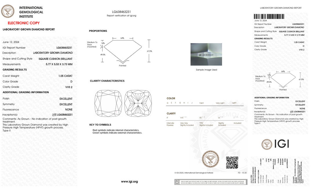 1,05 ct d kleur vvs2 kussen gesneden lab gekweekte diamant - igi gecertificeerd