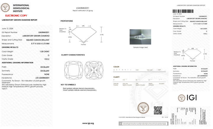 1,05 ct d kleur vvs2 kussen gesneden lab gekweekte diamant - igi gecertificeerd