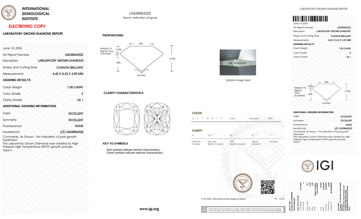 1,05 ct e kleur vs1 lange kussen gesneden lab gekweekte diamant - IgI gecertificeerd