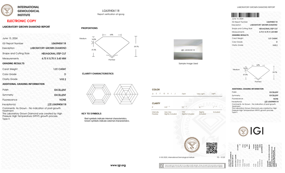 1.01 Carat Hexagonal Lab Grown Diamond, VVS2/D
