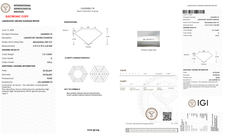 1.01 Carat Hexagonal Lab Grown Diamond, VVS2/D