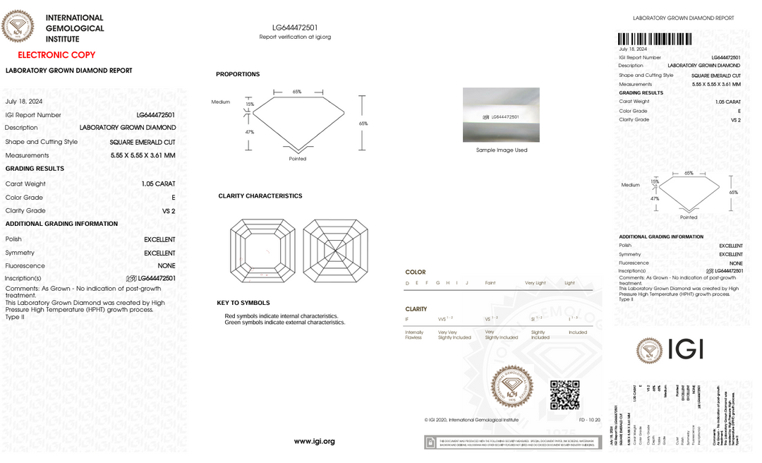 1,05 ct e kleur vs2 vierkant smaragd gesneden lab gekweekte diamant - IgI -gecertificeerd