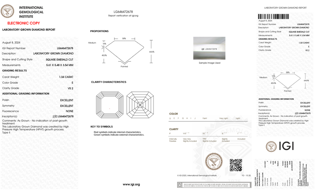 1,04 ct e kleur vs2 vierkant smaragd gesneden lab gekweekte diamant - IgI -gecertificeerd