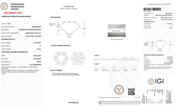 1.04 ct d warna vvs2 hexagonal cut lab -dewasa berlian - bersertifikat IGI