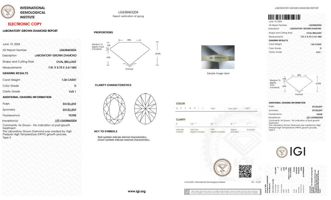 1,04 ct d warna vvs1 oval cut lab -dewasa berlian - IGI bersertifikat