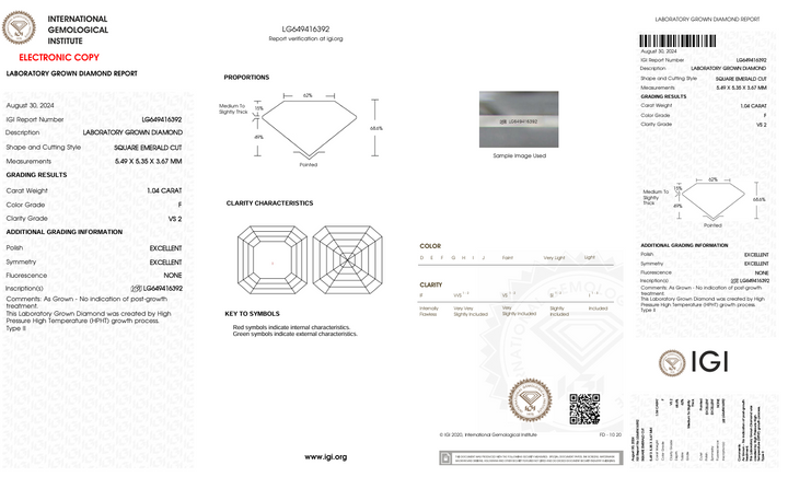 1,04 ct f kleur vs2 vierkant smaragd gesneden lab gekweekte diamant - IgI -gecertificeerd