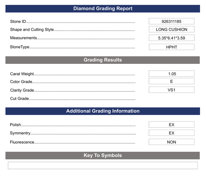1,05 ct e kleur vs1 lange kussen gesneden lab gekweekte diamant - variatie gecertificeerd