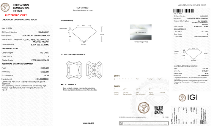 1,02 Ct E Color, если Radiant Cut Lab, выращенный Diamond - IGI сертифицирован