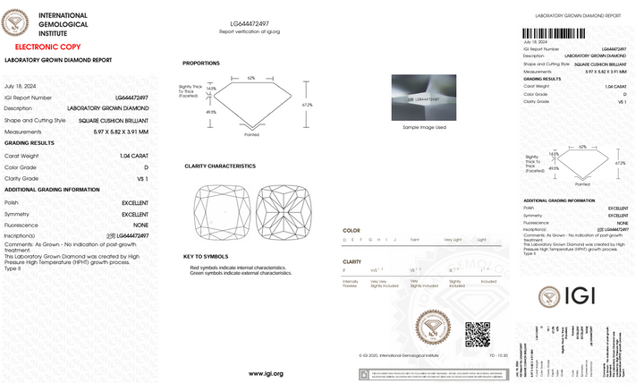 1.04 CT D kleur VS1 kussen briljant gesneden lab gekweekte diamant - IGI -gecertificeerd