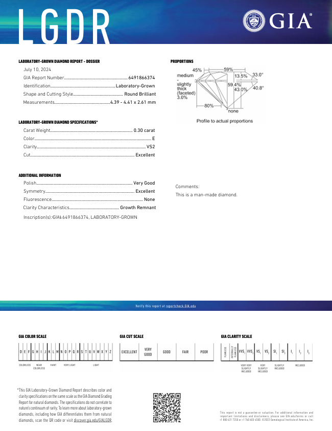 0,3 ct e warna vs2 bundar potong lab -tumbuh berlian - bersertifikat GIA