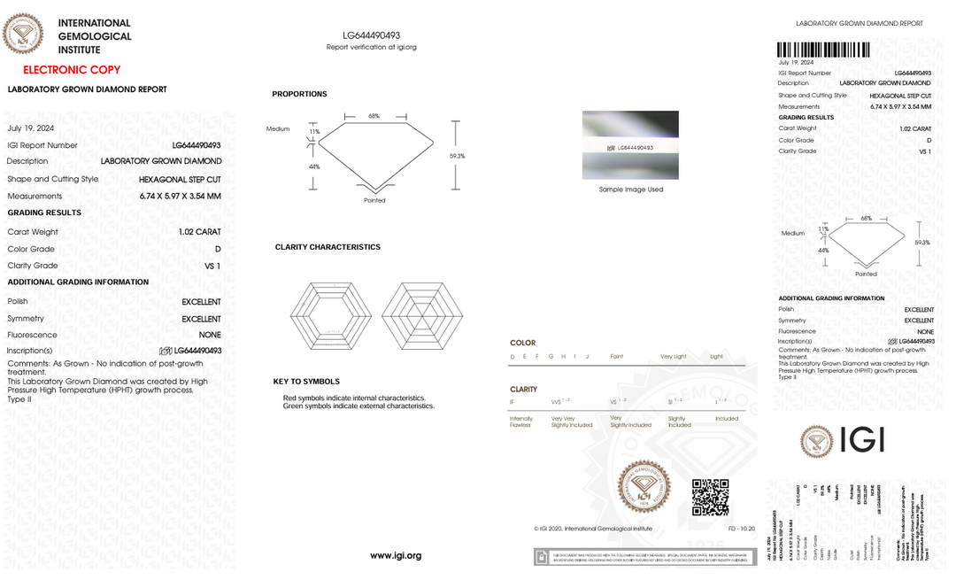 1.02 Carat Hexagonal Lab Grown Diamond, VS1/D