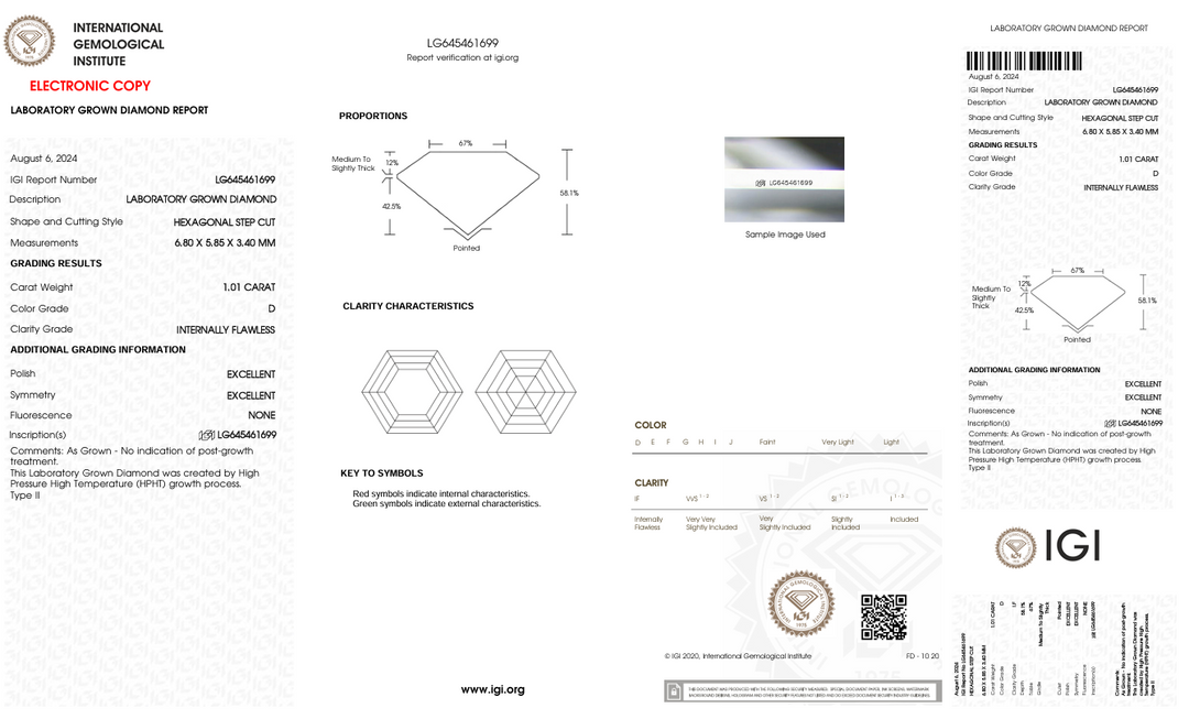 1.01 Carat Hexagonal Lab Grown Diamond, IF/D
