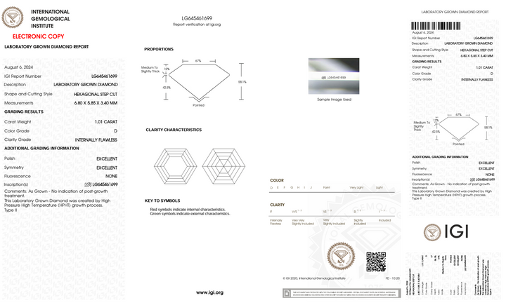 1.01 Carat Hexagonal Lab Grown Diamond, IF/D