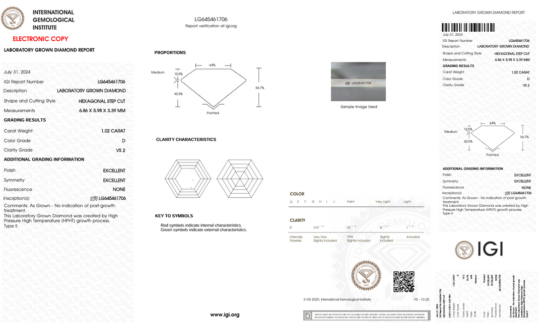 1.02 Carat Hexagonal Lab Grown Diamond, VS2/D