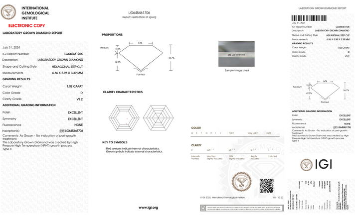 1.02 Carat Hexagonal Lab Grown Diamond, VS2/D
