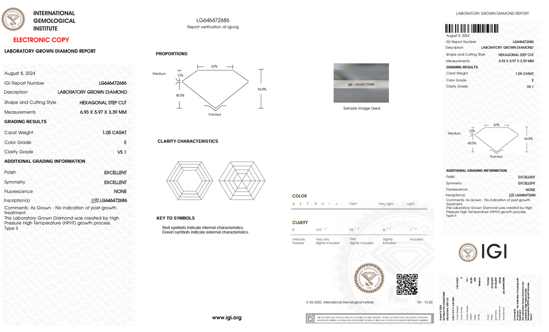 1,05 ct e kleur vs1 zeshoekig gesneden lab gekweekte diamant - IgI -gecertificeerd