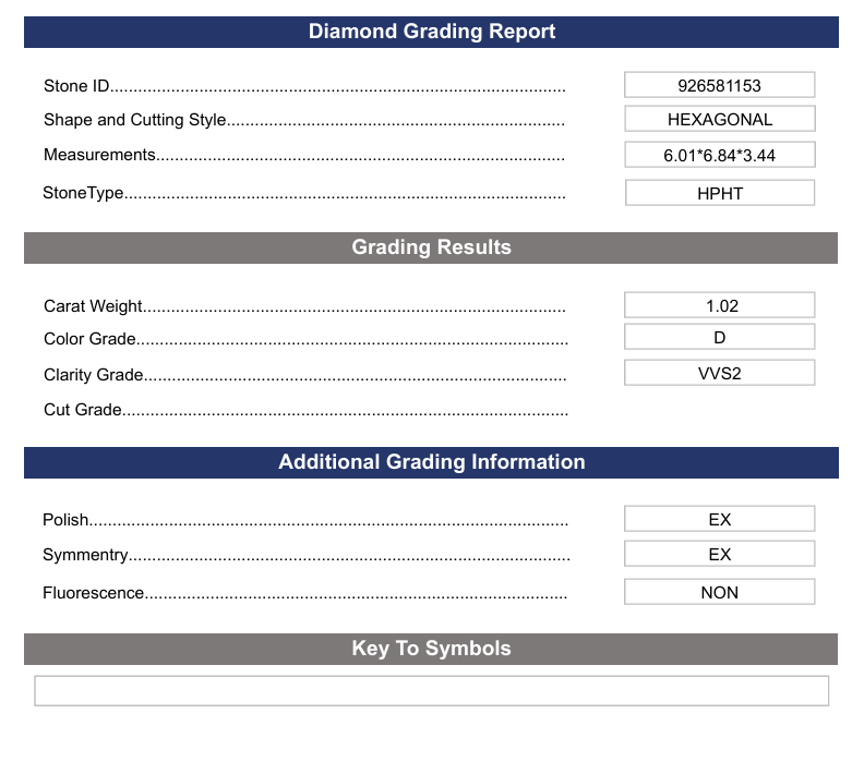 1.02 Carat Hexagonal Lab Grown Diamond, VVS2/D