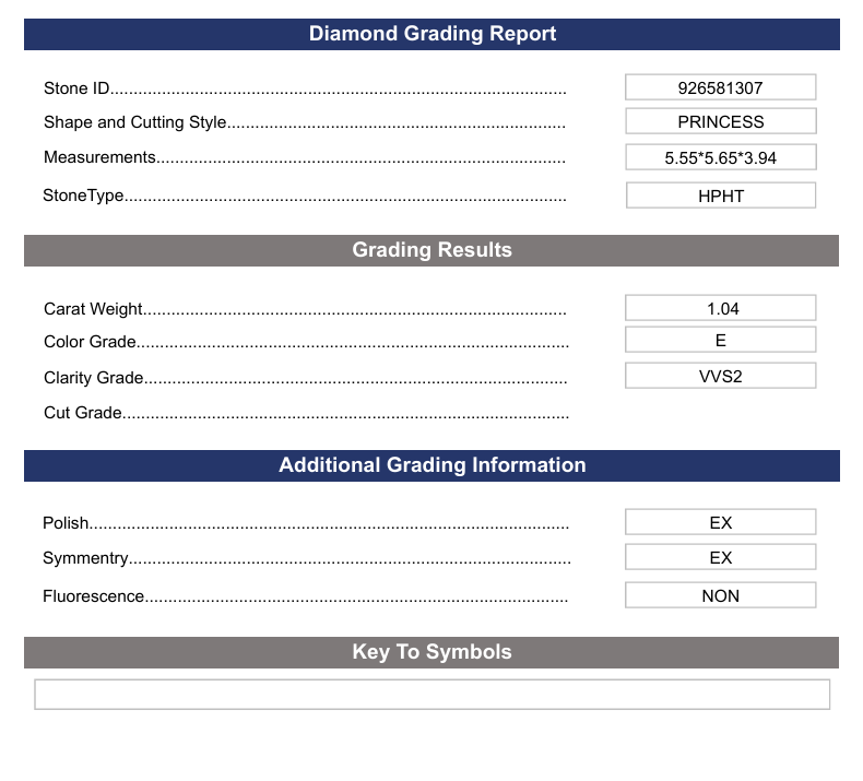 1,04 CT E cor VVS2 Princess Cut Lab cultivado Diamond - Variação Certificada