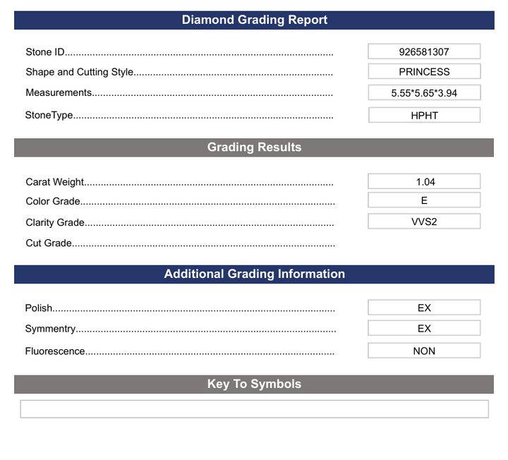 1,04 CT E cor VVS2 Princess Cut Lab cultivado Diamond - Variação Certificada