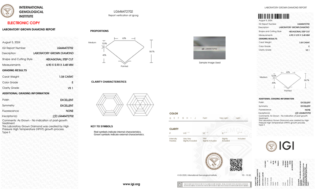 1,04 ct e warna vs1 hexagonal cut lab -choid lab berlian - bersertifikat IGI
