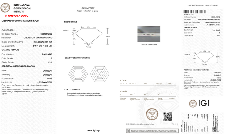 1,04 ct e warna vs1 hexagonal cut lab -choid lab berlian - bersertifikat IGI