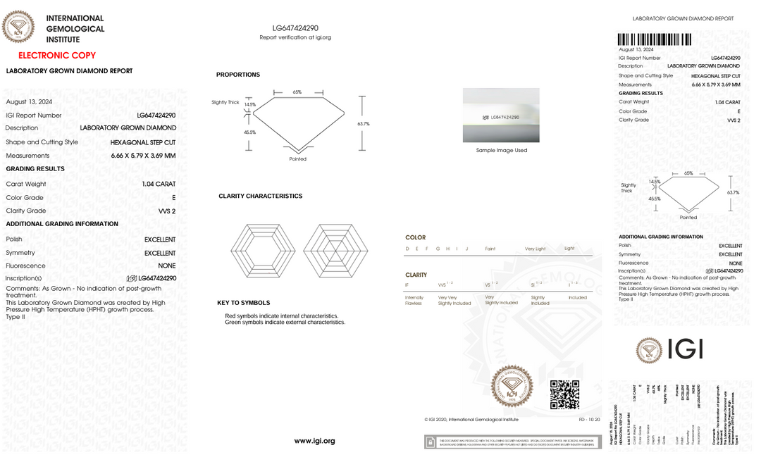 1.04 ct e warna vvs2 hexagonal cut lab -dewasa berlian - bersertifikat IGI
