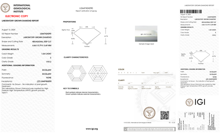 1.04 ct e warna vvs2 hexagonal cut lab -dewasa berlian - bersertifikat IGI