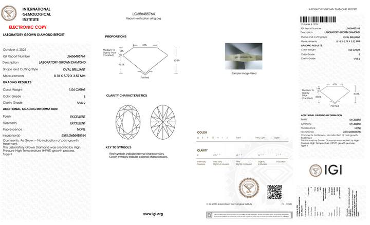 1.04 CT E Color VVS2 Oval Cut Lab Gegroeide diamant - IGI -gecertificeerd
