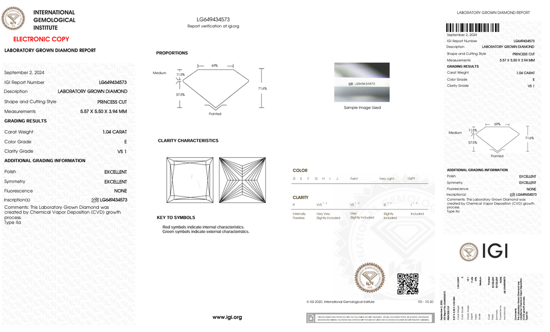 1.04 ct e kleur vs1 prinses gesneden lab gekweekte diamant - igi gecertificeerd