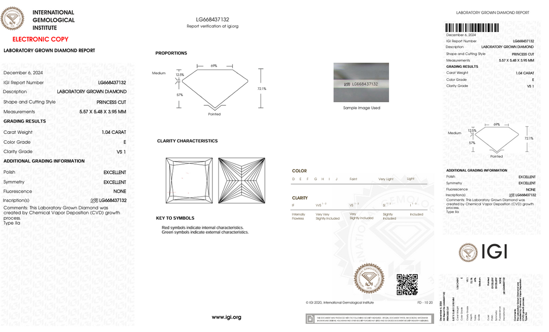 1.04 ct e kleur vs1 prinses gesneden lab gekweekte diamant - igi gecertificeerd