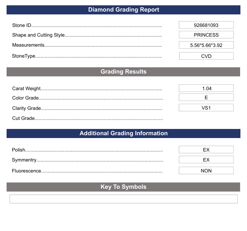 1.04 CT E kleur VS1 prinses gesneden lab gekweekte diamant - variatie gecertificeerd