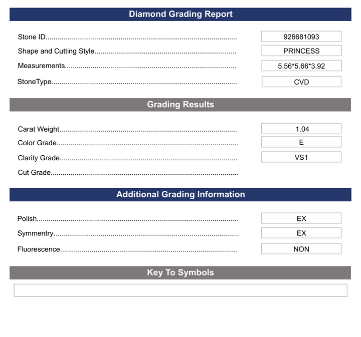 1.04 CT E kleur VS1 prinses gesneden lab gekweekte diamant - variatie gecertificeerd