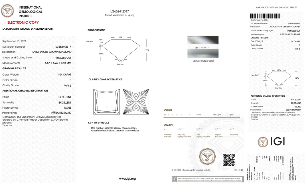 1.04 ct e kleur vvs2 prinses gesneden lab gekweekte diamant - igi gecertificeerd