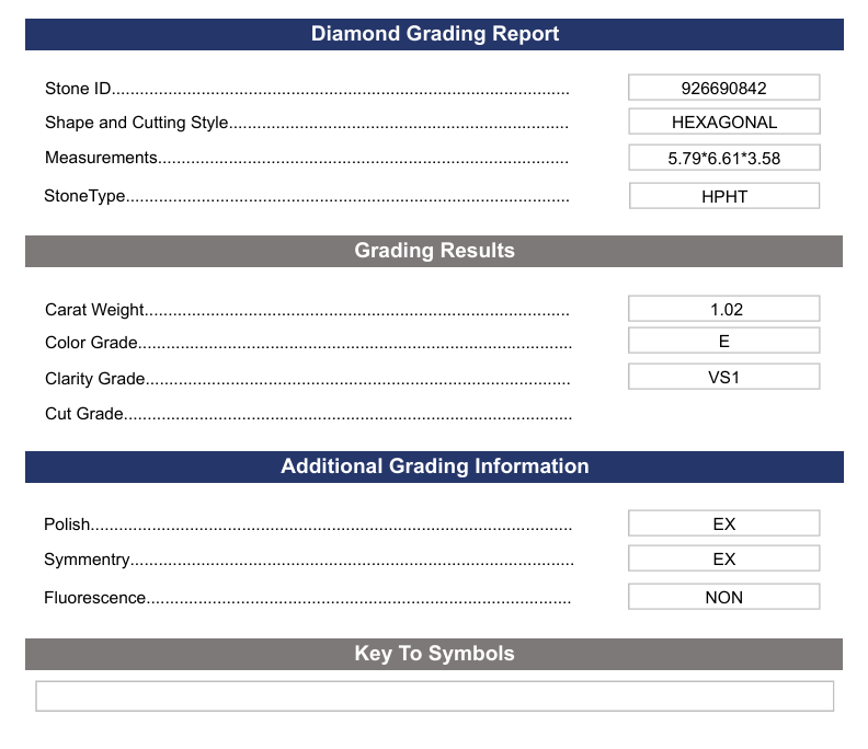 1.02 Carat Hexagonal Lab Grown Diamond, VS1/E