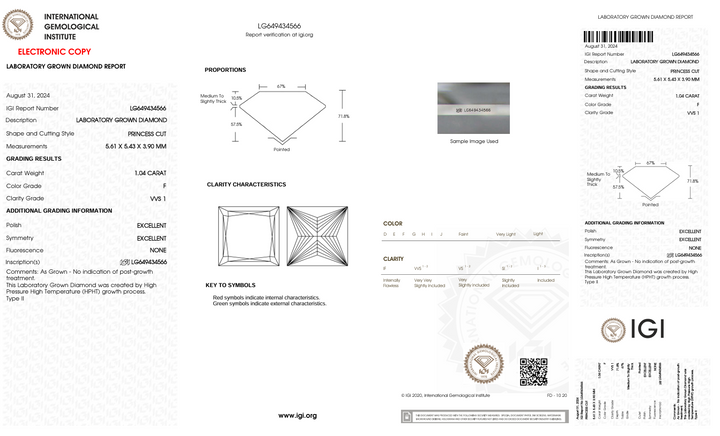1.04 CT F kleur vvs1 prinses gesneden lab gekweekte diamant - igi gecertificeerd