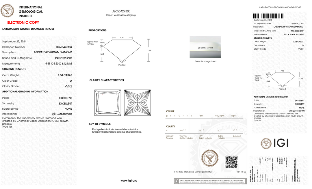 1.04 CT D kleur vvs2 prinses gesneden lab gekweekte diamant - igi gecertificeerd
