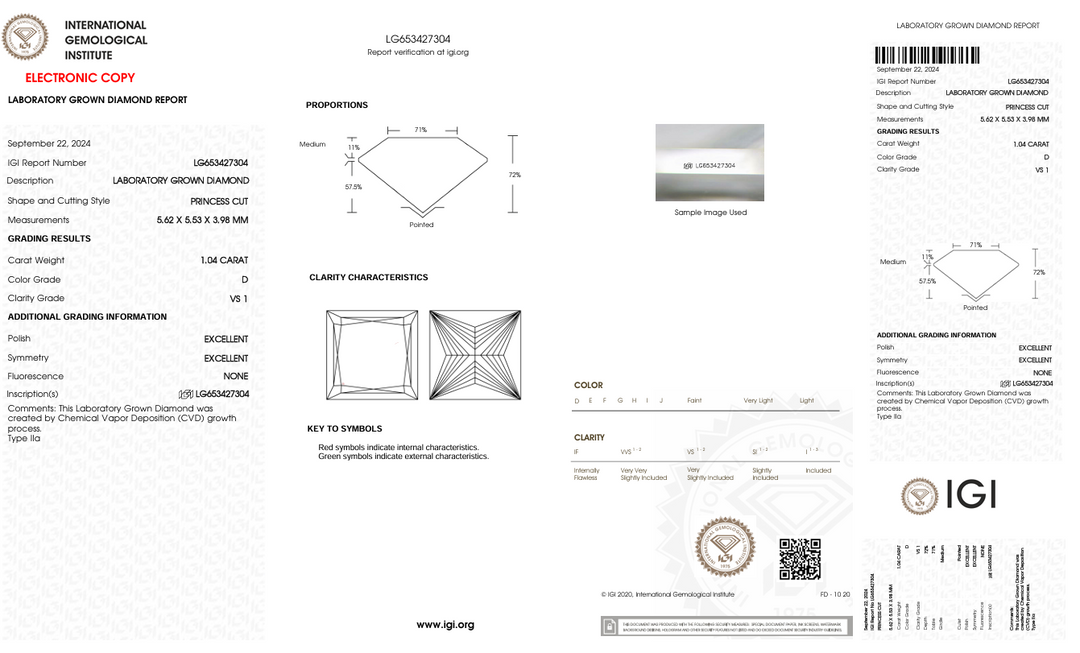1.04 CT D kleur VS1 prinses gesneden lab gekweekte diamant - IgI -gecertificeerd