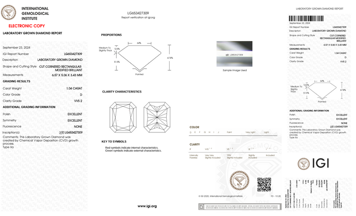 1.04 CT D kleur VVS2 Radiant Cut Lab Gegroeide diamant - IGI -gecertificeerd